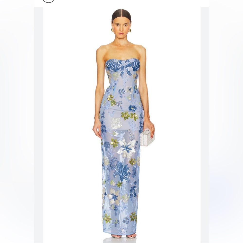 Bronx and Banco Strapless Light Blue Floral Sequin Gown